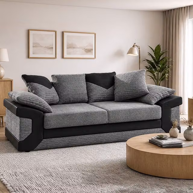 Furnishings For Less UK Dino Large 3 Seater Fabric Sofa in Grey with Scatter Back Cushions – 1