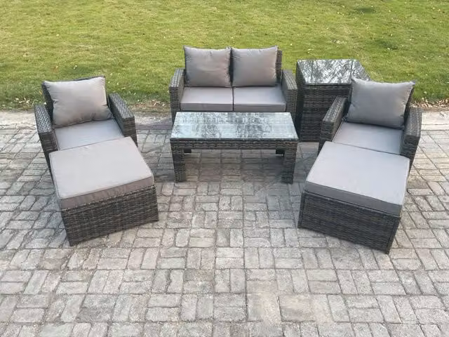 Fimous 7 Piece Modern Outdoor Lounge Sofa Set in Dark Grey with PE Rattan and Upholstered Cushions including Coffee Table and Armchairs