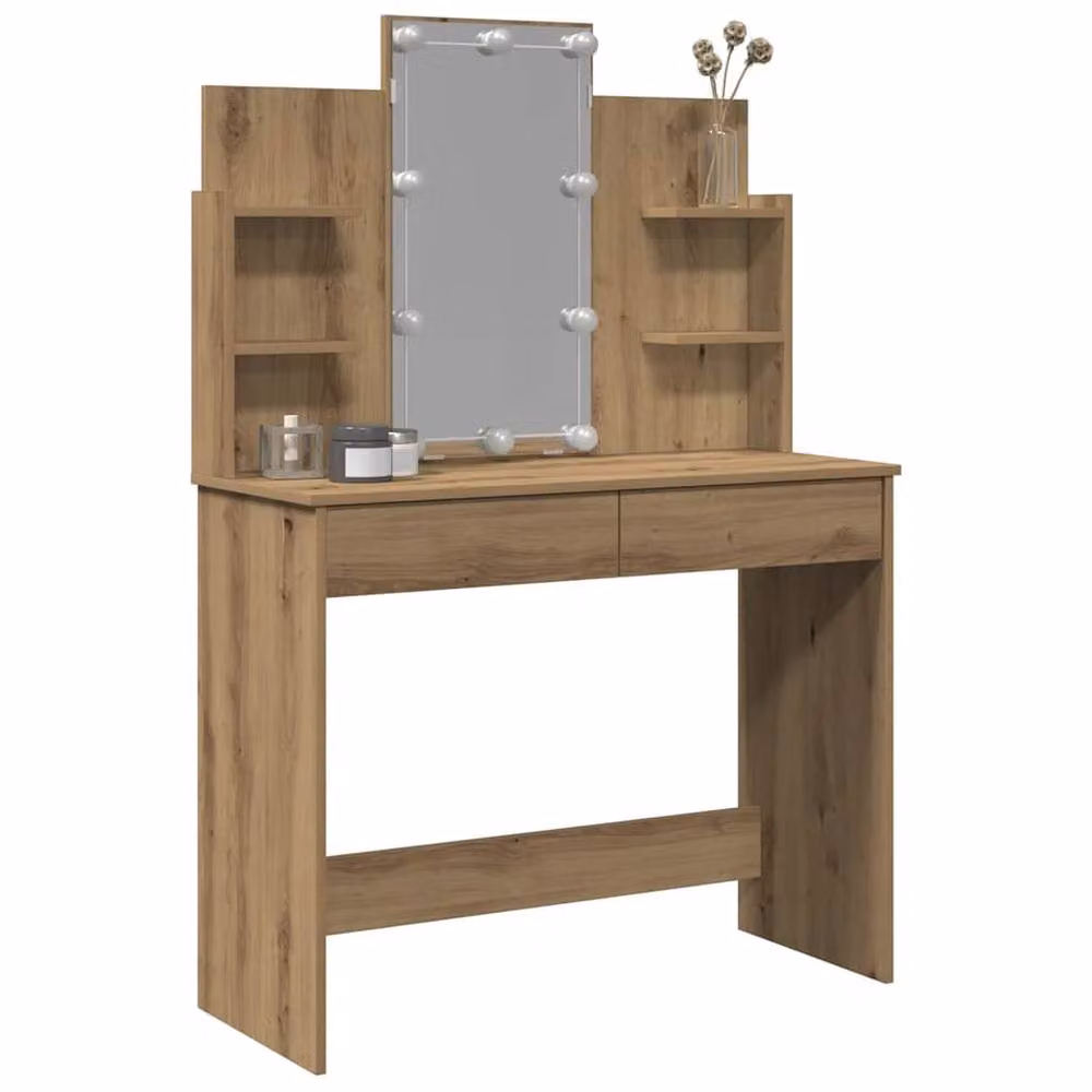 Berkfield Home Artisan Oak Dressing Table with Hollywood LED Lights in Brown, W/D/H: 96 x 40 x 142 cm – 4