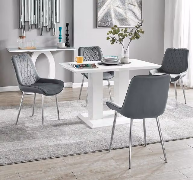 FurnitureboxUK Imperia 4 Seater Dining Set with White High Gloss Rectangular Table and 4 Grey Velvet Chairs – 1