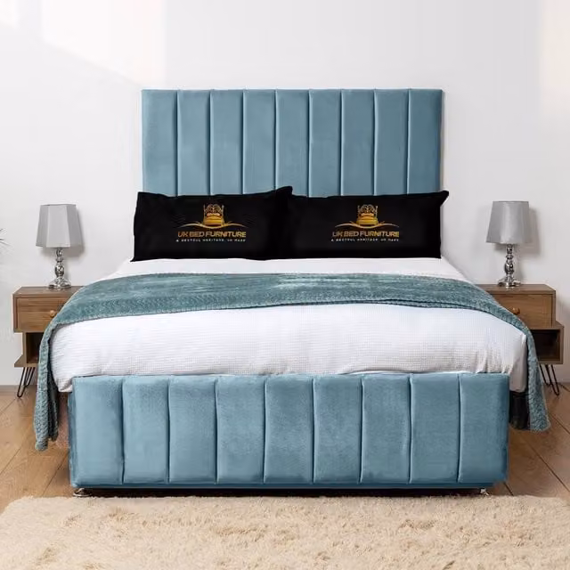 UK Bed Furniture Falcon Divan Bed Base with 26 Inch Headboard, Blue Velvet, W/D: 180 x 200 cm