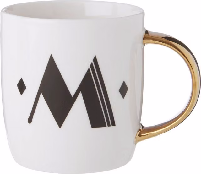 Orsina Chic Diamond Deco M Letter Monogram Bone China Mug in White, Black and Gold – 1