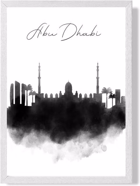 ARTZE Abu Dhabi Watercolour Skyline City Framed Print, A3, Black and White