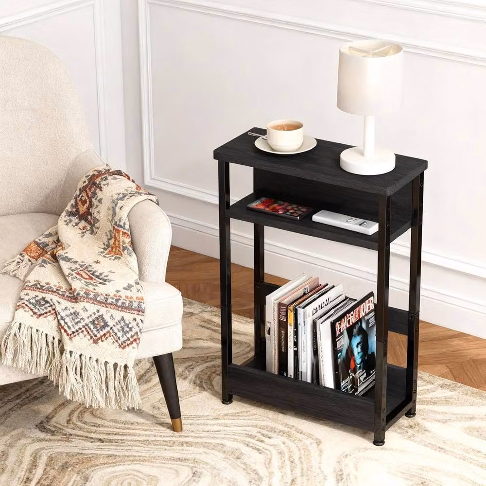 London Boutique 3-Tier Narrow Side Table with Magazine Rack in Black – 8