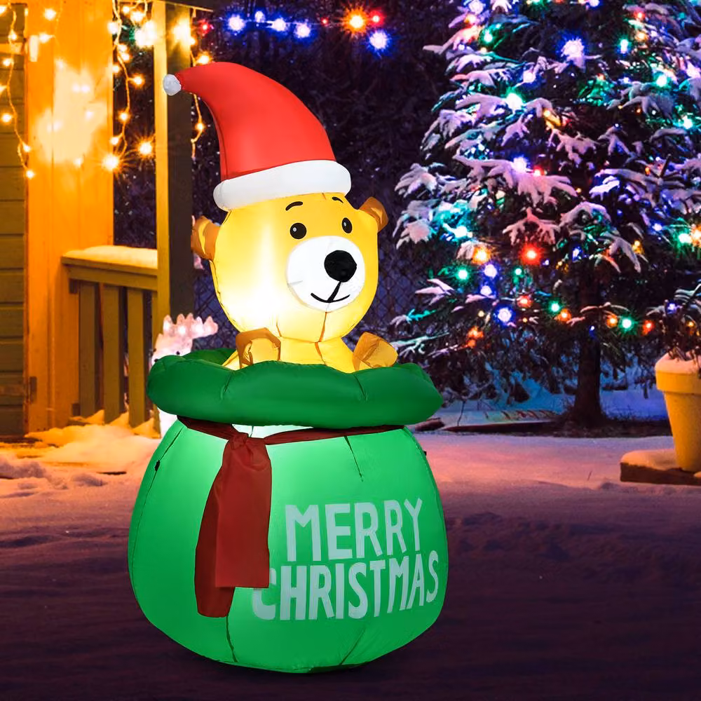 Gymax 150 cm Inflatable Green Christmas Bear Decoration with Multicolour LED Lights – 5