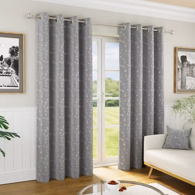 Enhanced Living Tivoli Grey Floral Blackout Eyelet Curtains, W: 168 cm, H: 183 cm