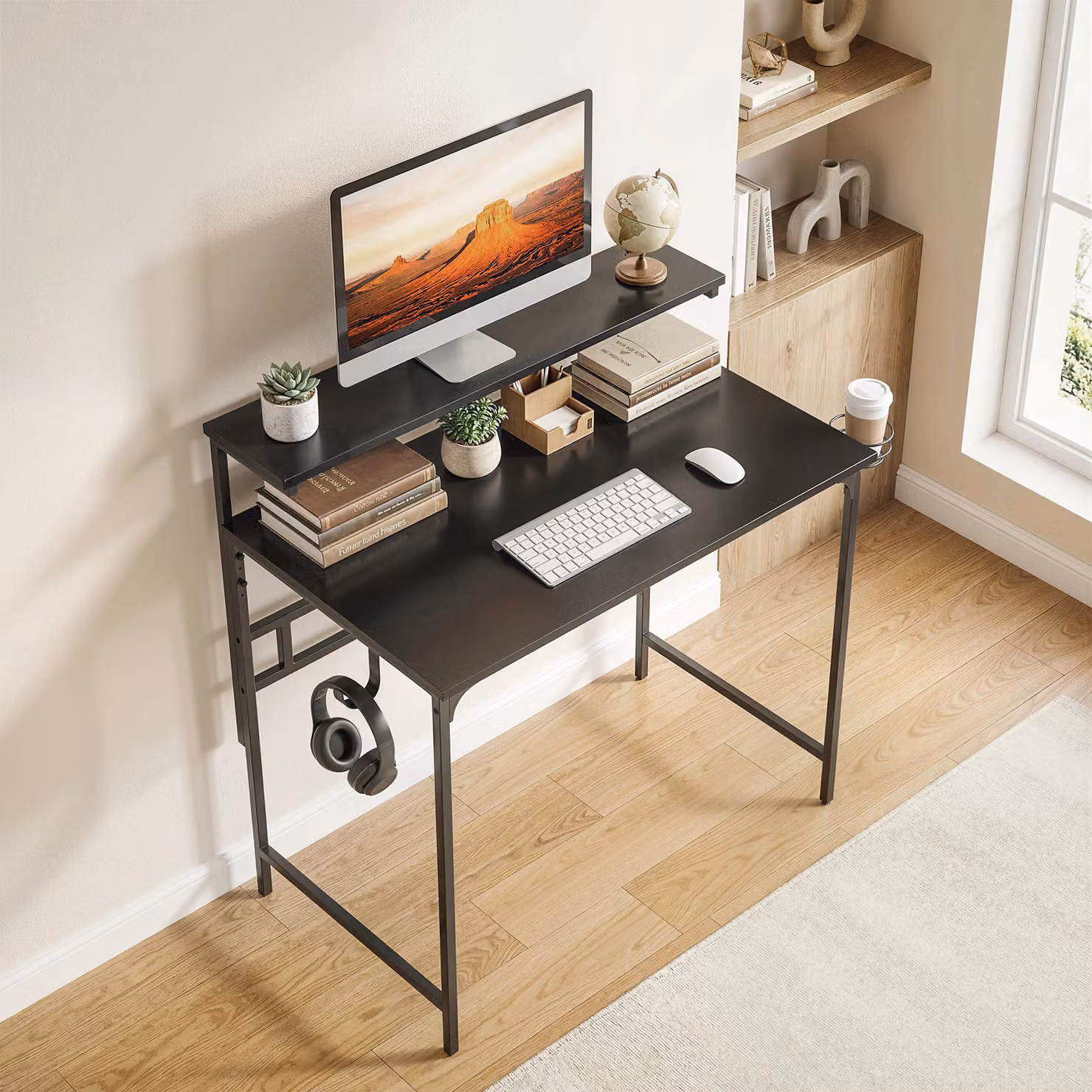 HOMCOM Black Computer Desk with Hutch Shelf, Cup Holder and Headphone Hook for Home Office or Bedroom – 2