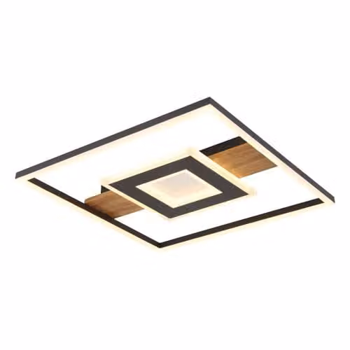 Globo Lighting Pikara Modern Square LED Ceiling Light in Black and Brown with Crystal and Wood Effect, W/D/H: 38 x 38 x 5 cm