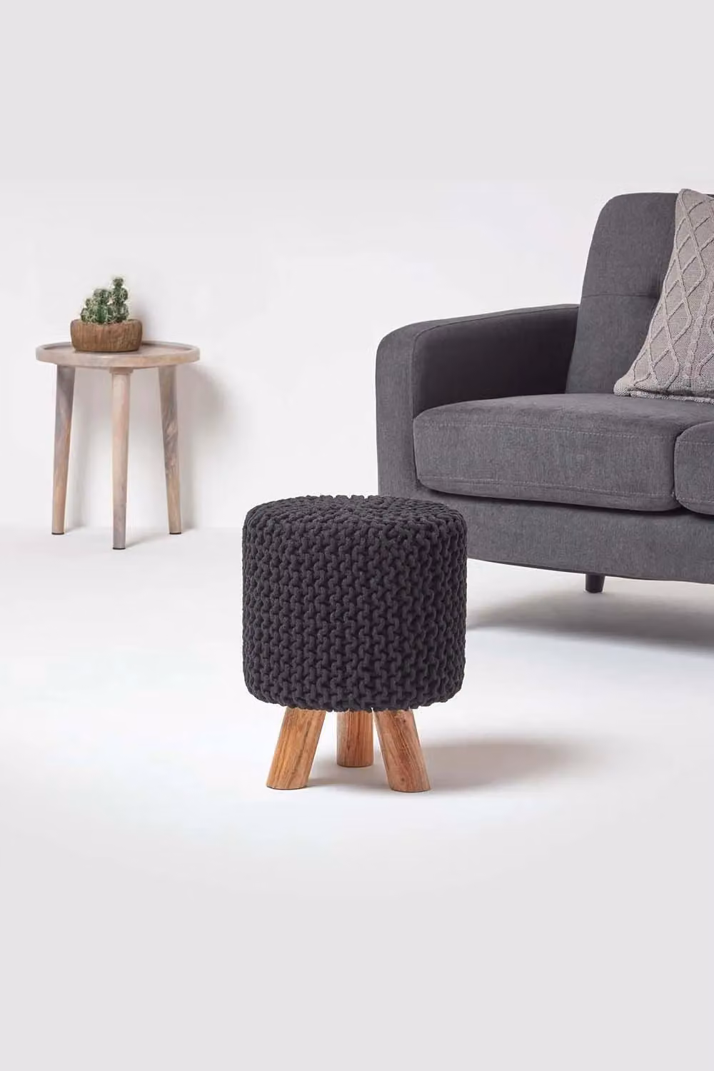 Homescapes Tall Cotton Knitted Footstool in Black with Wood Frame – 2
