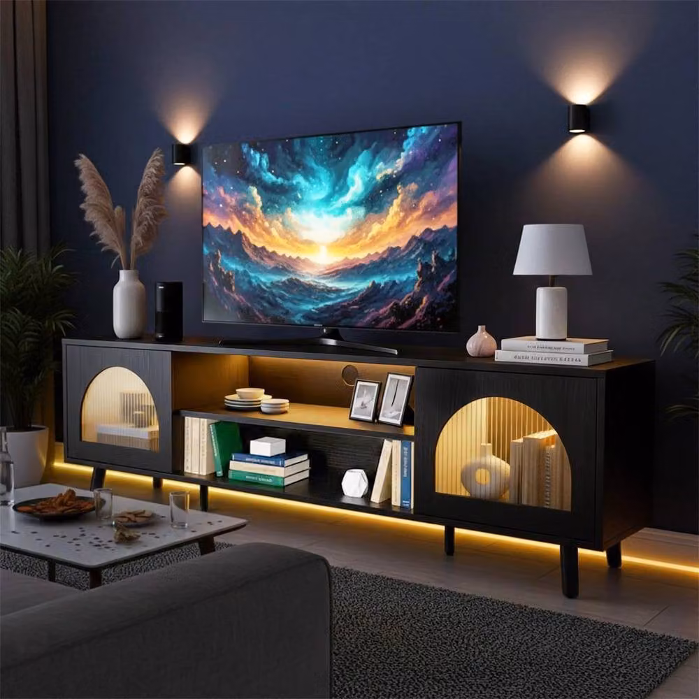 Kelvenix Modern Black LED TV Stand Cabinet with Glass and Integrated Lighting W/D/H: 100 x 47 x 35 cm – 3