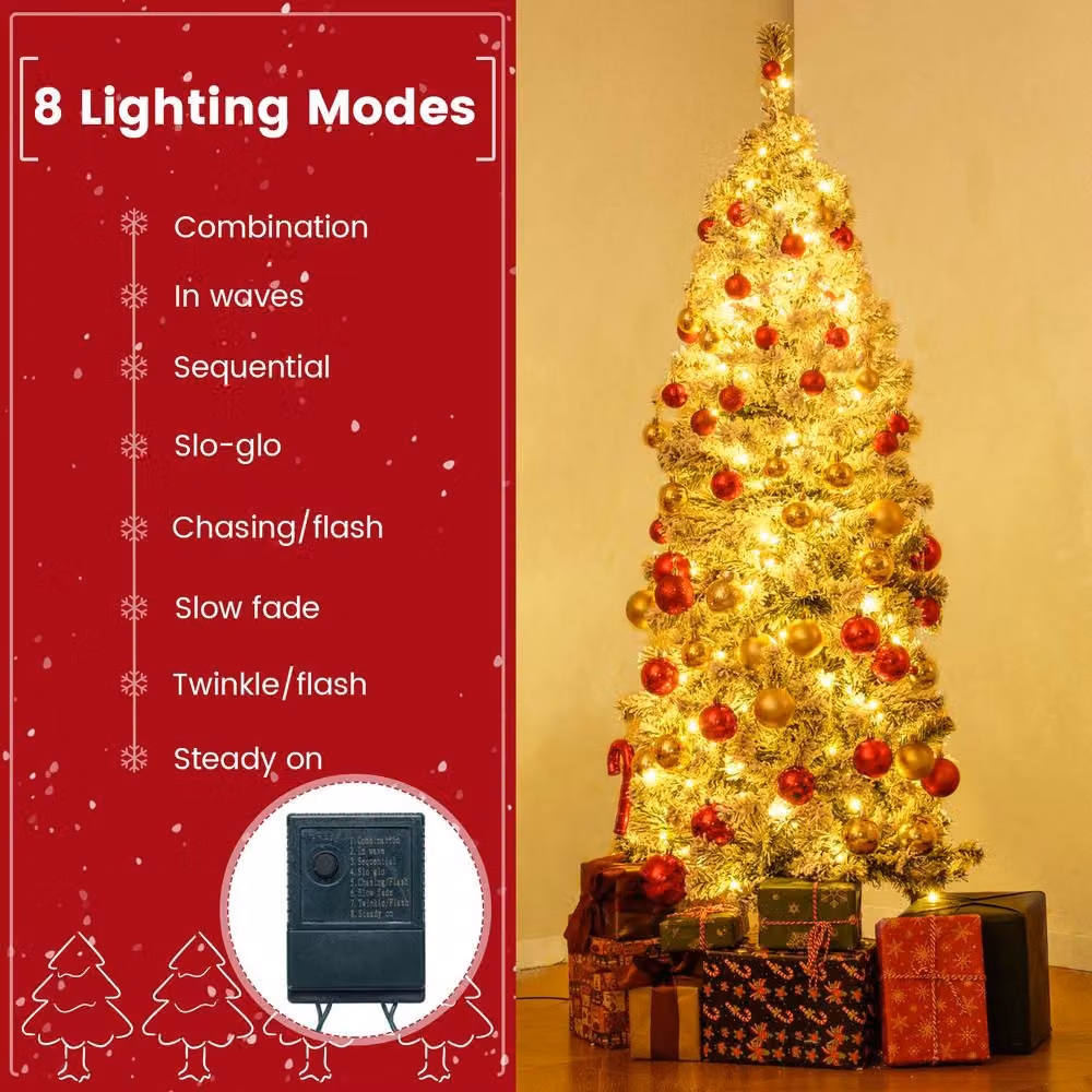 Gymax 150 cm Pre-Lit Slim Pencil Christmas Tree in Green with Thick Snow-flocking – 5