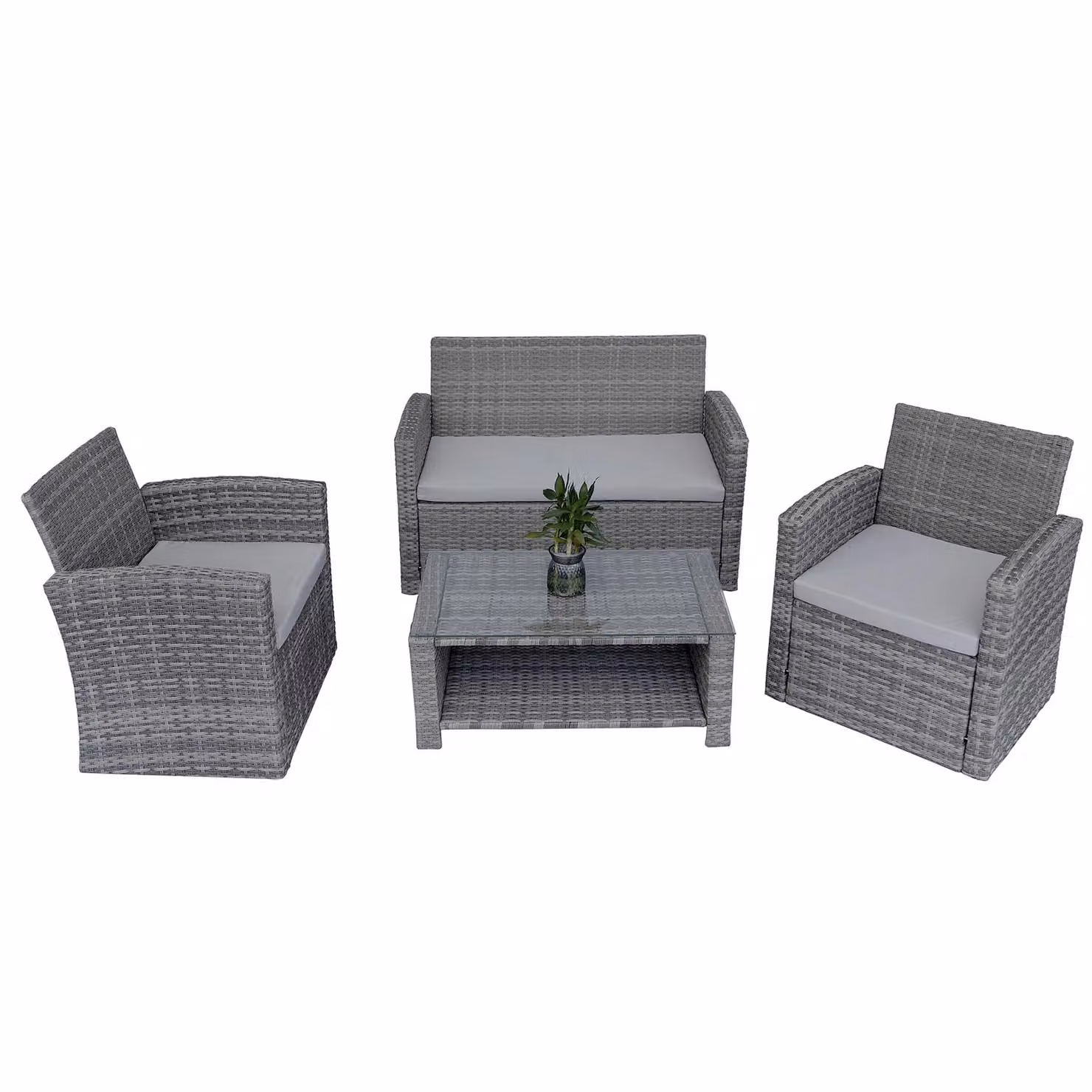 Shatchi 4 Seater Rattan Garden Furniture Set in Grey with 2 Armchairs, 2 Seater Sofa and Coffee Table – 3