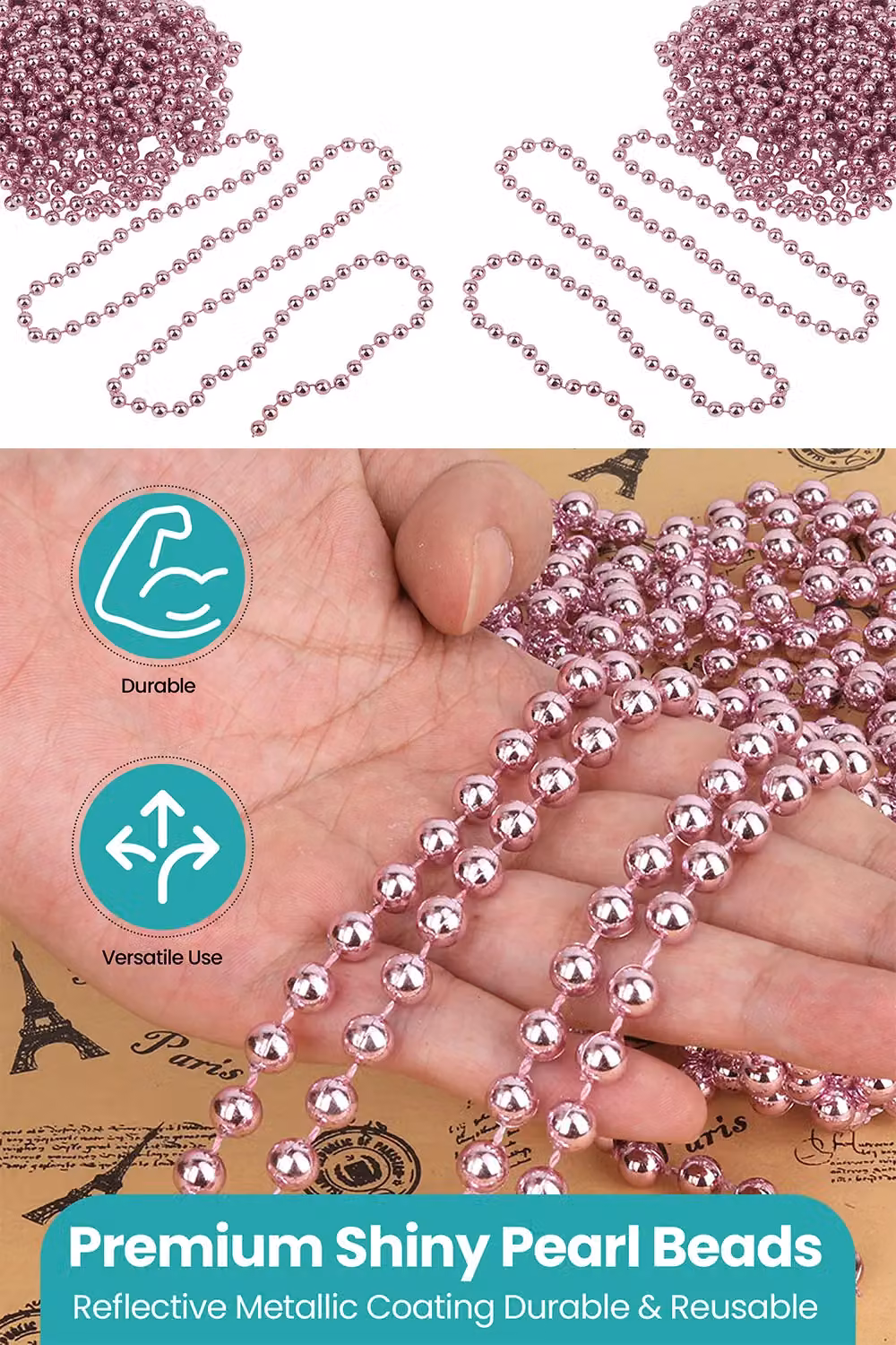 Neel Blue 9m Metallic Christmas Bead Chain with 7.5mm Shiny Pearl Round Beads – 3