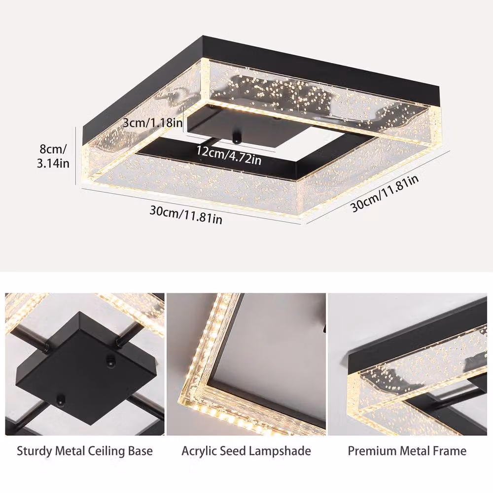 NIVOR Modern Square LED Flush Mount Ceiling Light with Black Bubble Shade, Warm White 3000K – 2
