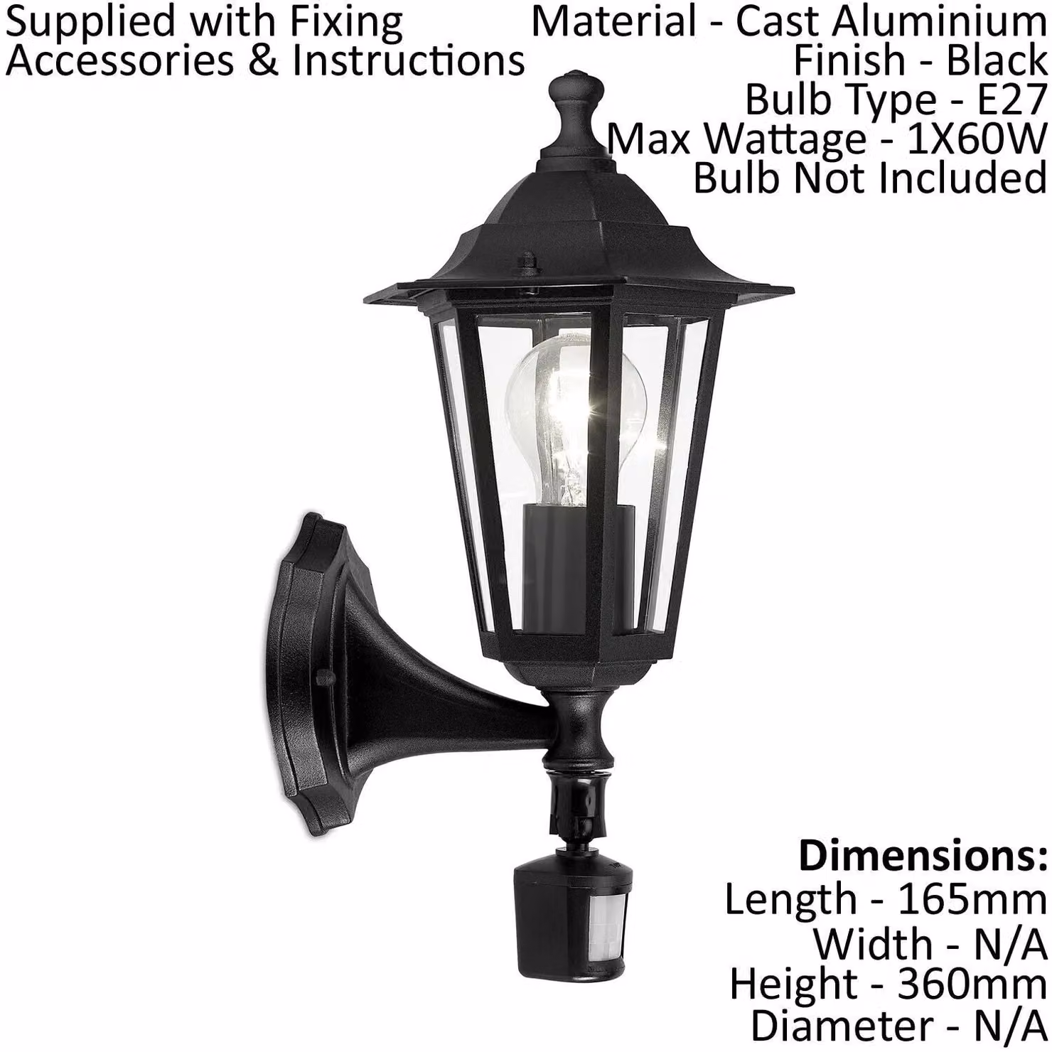 Loops Black Aluminium Outdoor Wall Lantern with PIR Motion Sensor, IP44 Rated, for 1x 60W E27 Bulb – 2