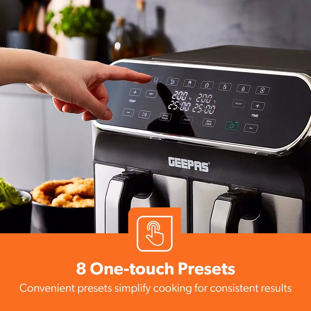 Geepas Prestige Dual Zone Digital Air Fryer, 8L XL Capacity with 8-in-1 Cooking Presets, 1700W, Silver and Black – 4