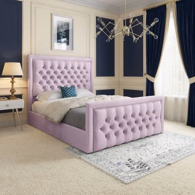 KDMD Ugborough Small Double Upholstered Designer Bed Frame in Pink Soft Velvet – 1