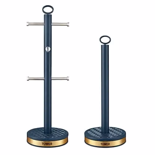 Tower Empire Mug Tree and Towel Pole Set in Blue and Gold Stainless Steel with Anti-Slip Base – 1