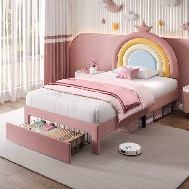 BTM Pink and Multicolour Velvet Upholstered Bed with Drawers, W/D/H: 140 x 200 cm