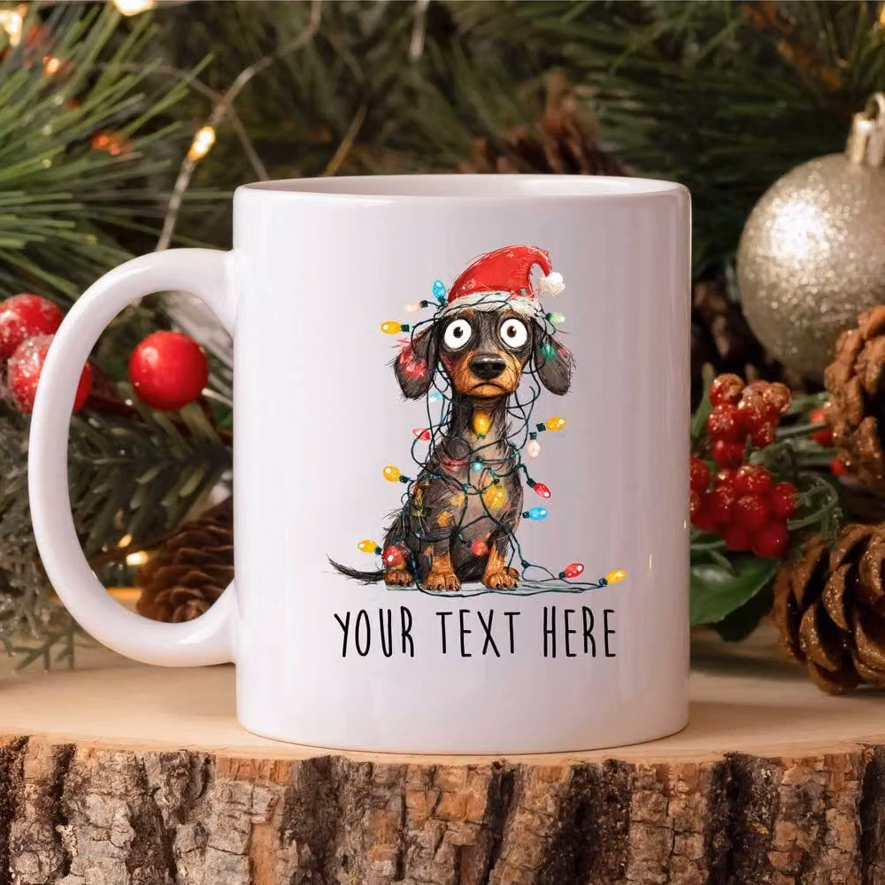 60 SECOND MAKEOVER Personalised Dachshund Christmas Lights Santa Hat Ceramic Mug in White – 2