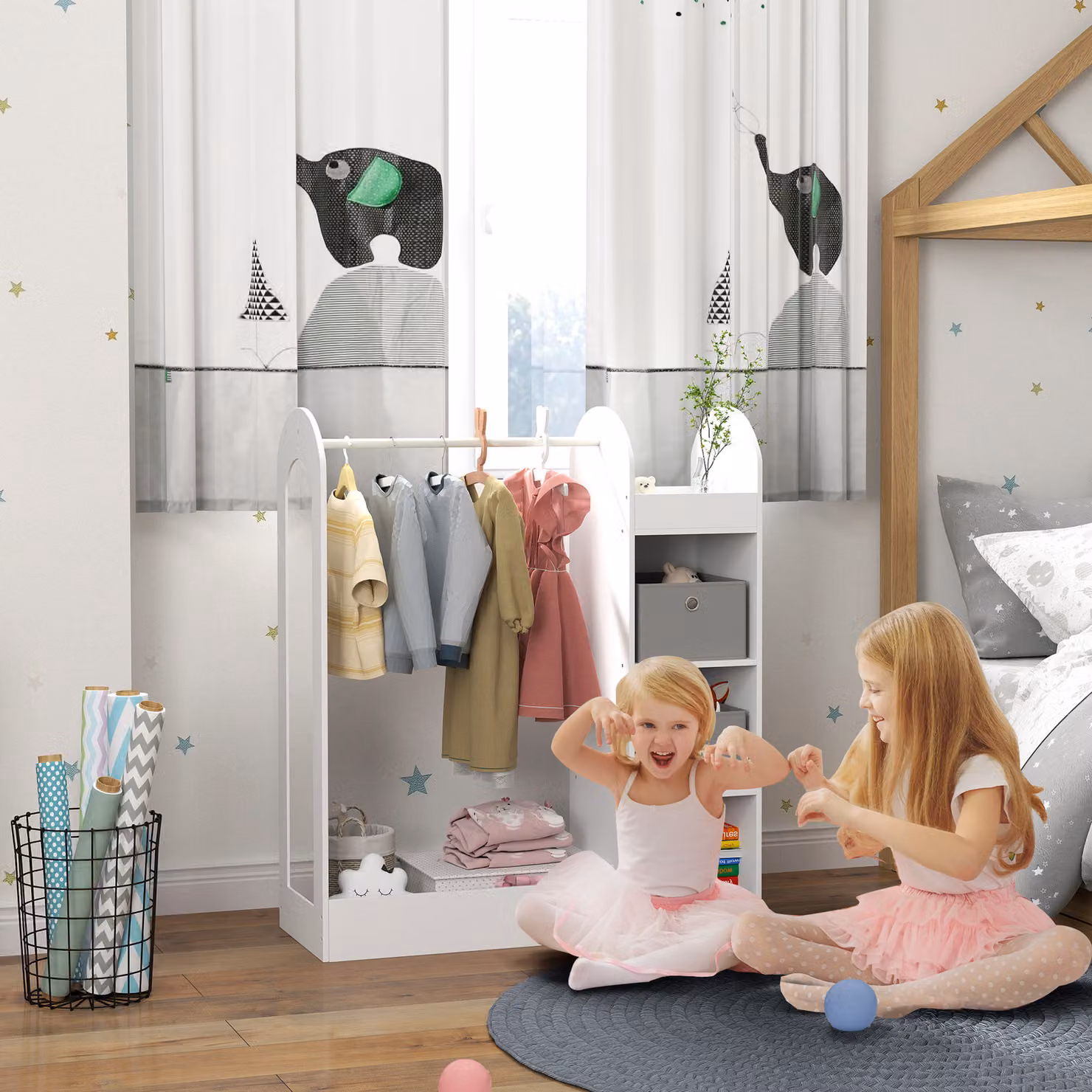 AIYAPLAY Kids Clothes Rail with Storage Shelf, Boxes and Mirror in White – 2