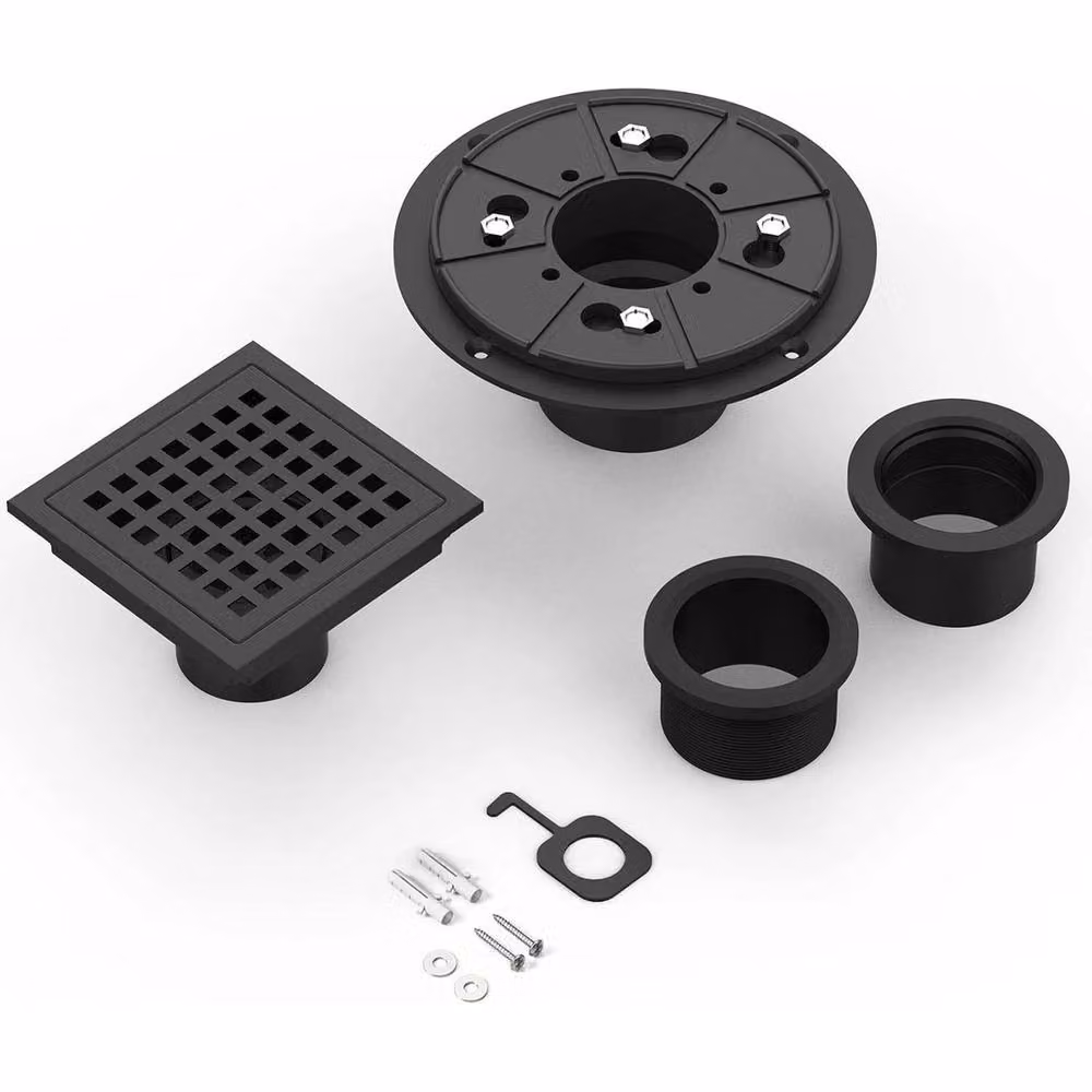 VOGREX 6 Inch Square Brushed Black High Flow Shower Floor Drain with Hair Filter – 5