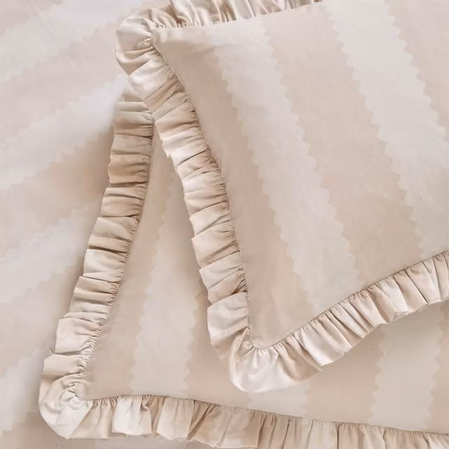 Make It A Home Birdie Stripe Ruffle Pillowcase Pair in Beige Cotton