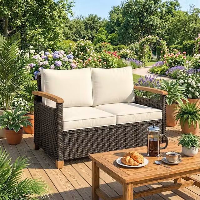 Outsunny 2 Seater Rattan Garden Sofa with Acacia Wood Arms and Upholstered Cushions, Brown