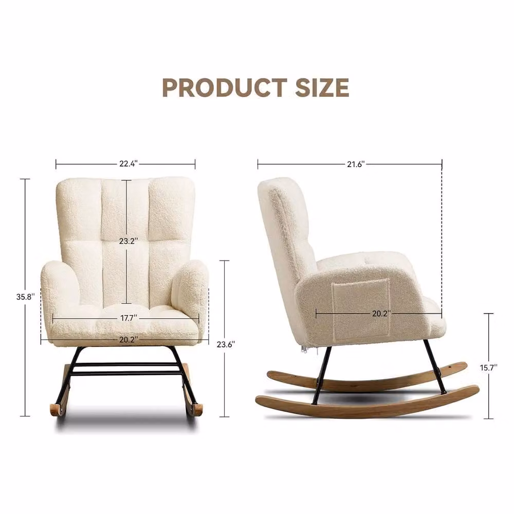 VOGREX High Back Rocking Nursing Armchair Lounge Chair in Cream Bouclé with Metal Frame – 2