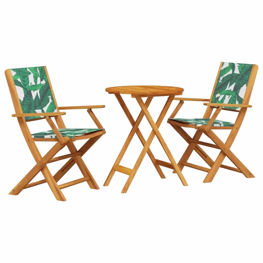 Berkfield Home 3 Piece Acacia Wood Bistro Set with Green Floral Fabric Leaf Pattern – 2
