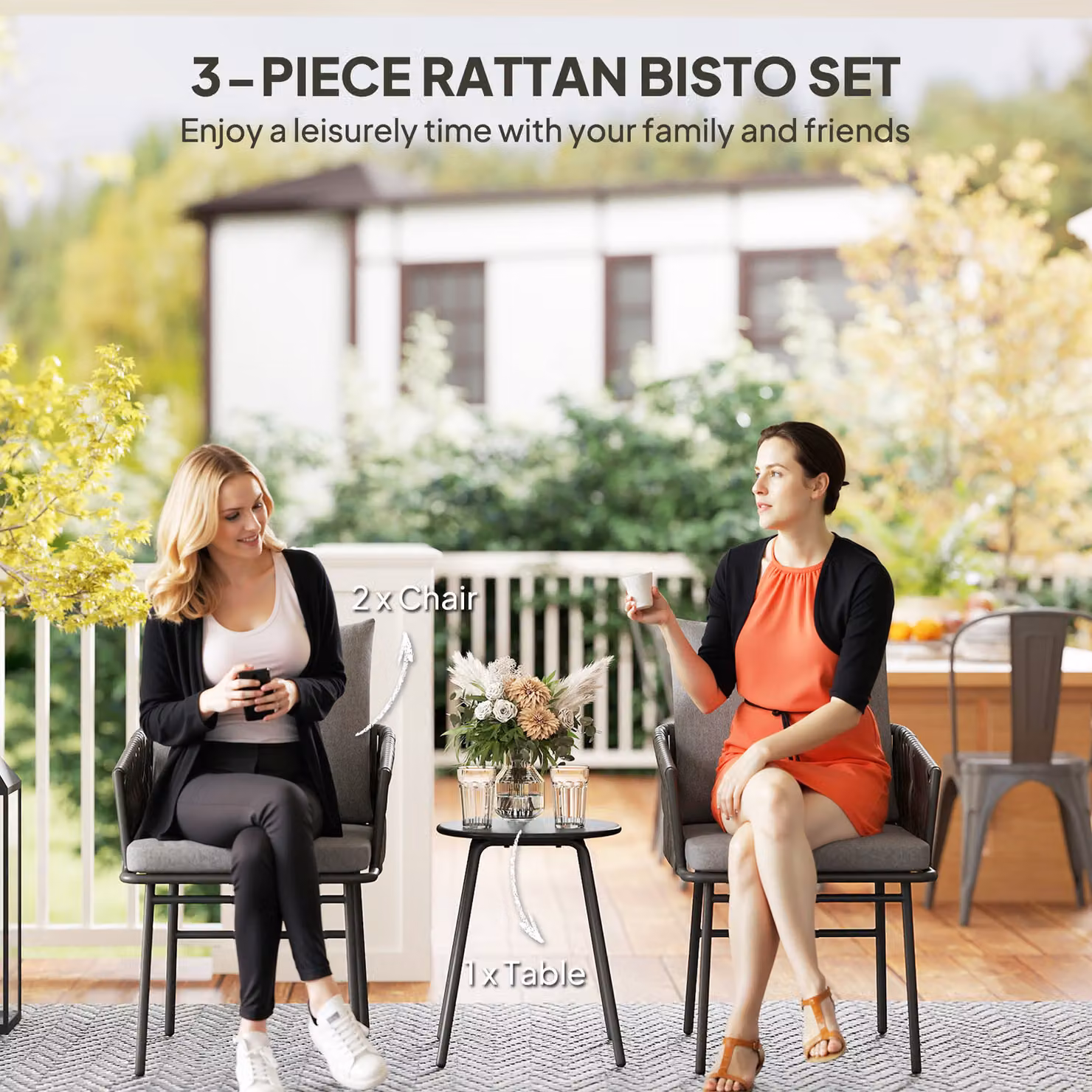Outsunny 3-Piece Rattan Bistro Set with Round Table and Chairs in Grey – 4