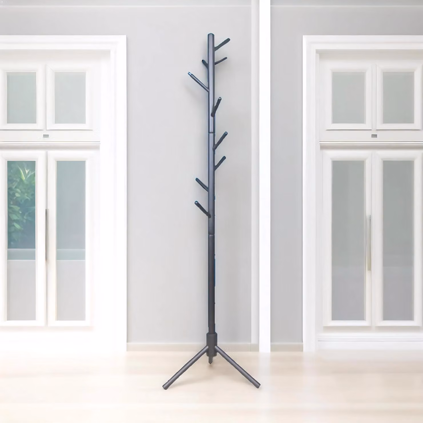 Pirlo Plush Modern Black Wooden Adjustable Coat Stand with 8 Hooks – 4