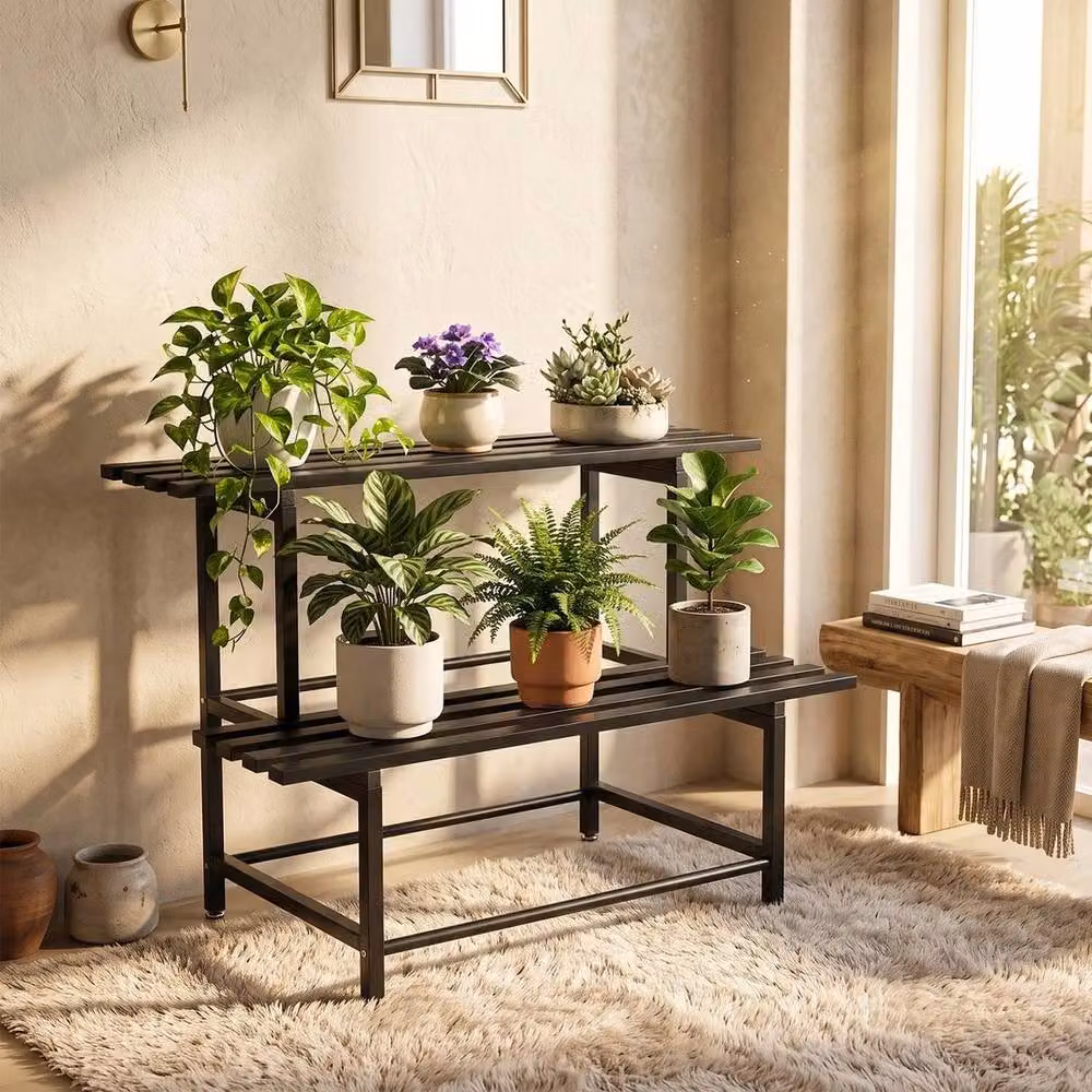 FORGEVIO 2-Tier Metal Plant Stand for Indoor Plants, Black, W/D/H: 100 x 56 x 20 cm – 3