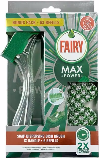 Fairy Max Power Soap Dish Brush and Refill in Green and Transparent Plastic