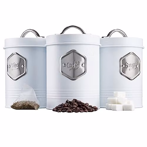 Cooks Professional 3-Piece Tea, Coffee and Sugar Airtight Canister Set in White and Silver – 3
