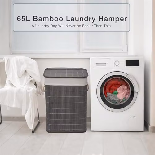MantraRaj Bamboo Foldable Laundry Basket with Lid and Removable Liner, 65L, Grey – 4