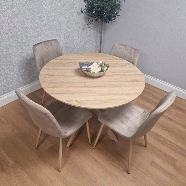 Kosy Koala Round Dining Table with 4 Beige Chairs and Brown Wood Effect X-Frame Legs