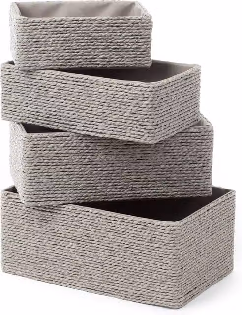 LIVIVO Set of 4 Grey Paper Rope Woven Stackable Storage Baskets for Home, Office and Bathroom