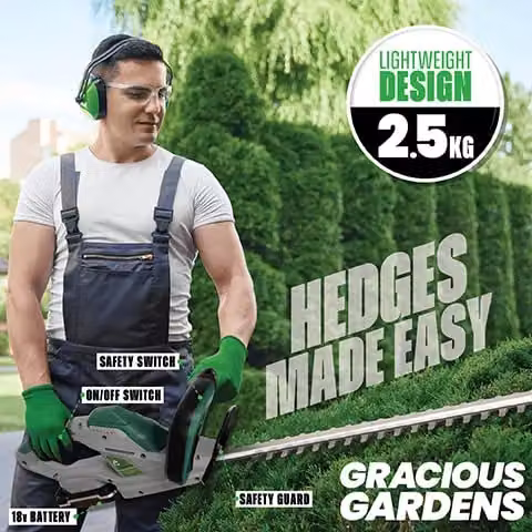 Gracious Gardens 18V Cordless Reciprocating Hedge Trimmer with 51cm Blade, Rechargeable Battery and Charger in Green and Grey – 5