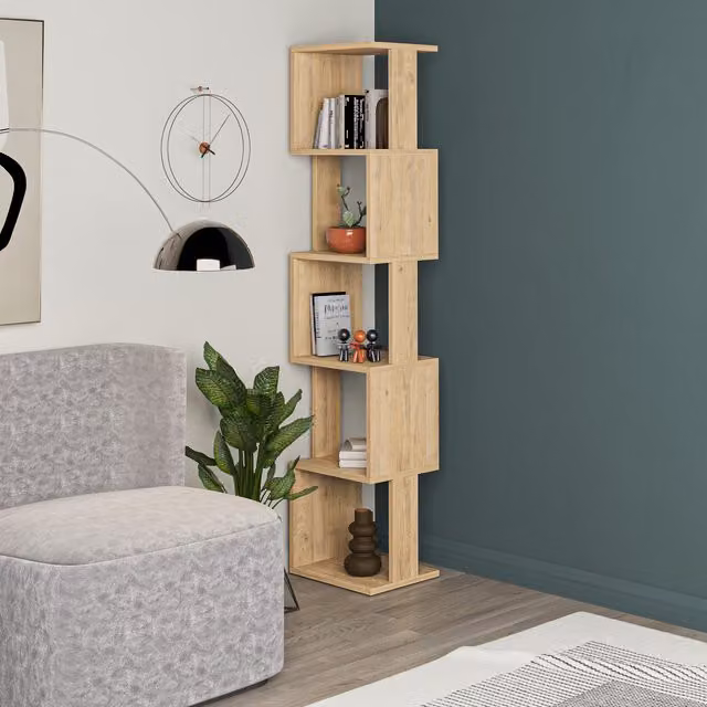 Decortie Piri Modern Five Tier Geometric Bookcase in Oak Brown, H 161.0 cm x W 30.0 cm x D 14.5 cm