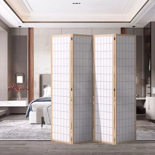 Livingandhome Japanese Oriental Folding Wooden Room Divider in Brown and White, Height: 180 cm