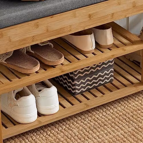 SoBuy Bamboo Shoe Rack and Hallway Bench with Grey Fabric Seat Cushion in Brown – 5