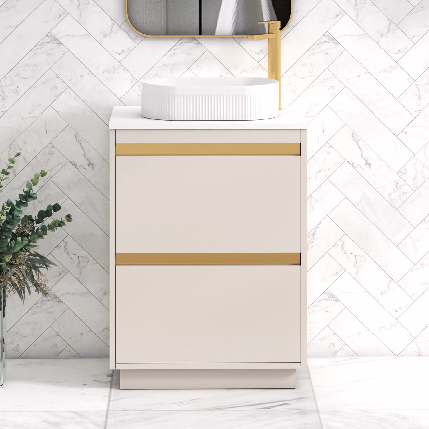 Royal Bathrooms Orion 600mm Warm Taupe Floor Standing 2 Drawer Vanity Unit with Lyon Basin and Brushed Brass Accent Trim