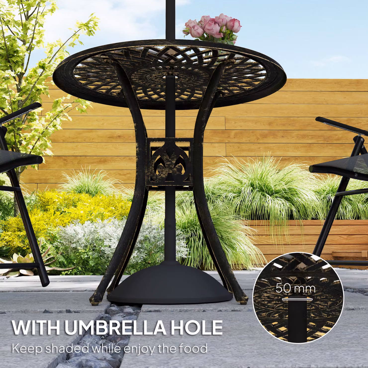 Outsunny Antique Cast Aluminium Round Garden Dining Table with Parasol Hole, Bronze Tone, Diameter: 78 cm – 4