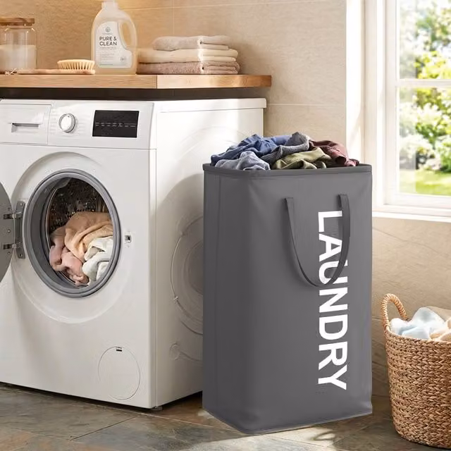 SONGMICS Foldable Water Repellent Laundry Hamper with Handles, Grey