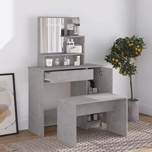 vidaXL Grey Dressing Table Set with Stool, Modern Rectangular Vanity Makeup Desk in Wood and Acrylic – 2