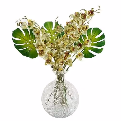 Leaf Design Mixed Floral Artificial Flower Display with Transparent Glass Vase in Beige, H 65.0 cm x W 55.0 cm x D 55.0 cm