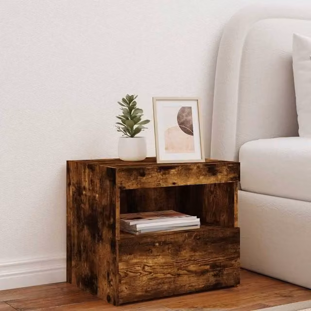 Berkfield Home Beautiful Bedside Cabinet with Integrated LED Lights in Smoked Oak Brown, W/D/H: 50 x 40 x 45 cm – 1