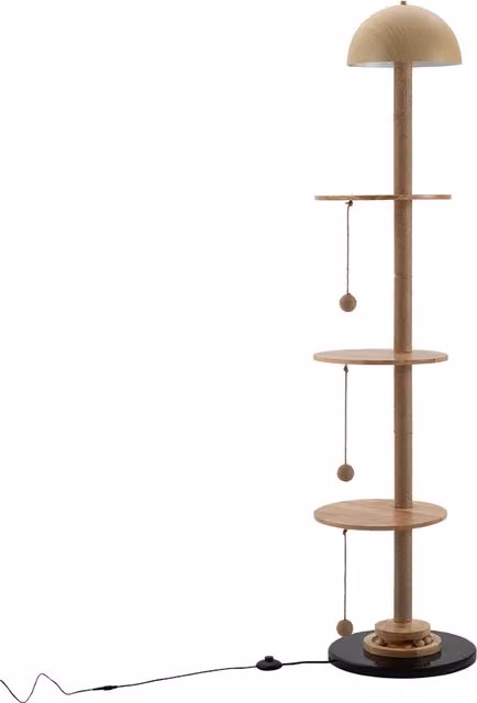 Kidkid Cat Climbing Frame Floor Lamp with Sisal Scratch Post and Dome in Brown Wood