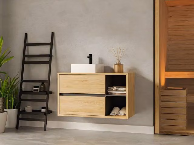 Vente-unique Suspended Single Basin Bathroom Furniture in Light Oak, W/D/H: 100 x 45.5 x 59.8 cm – 1